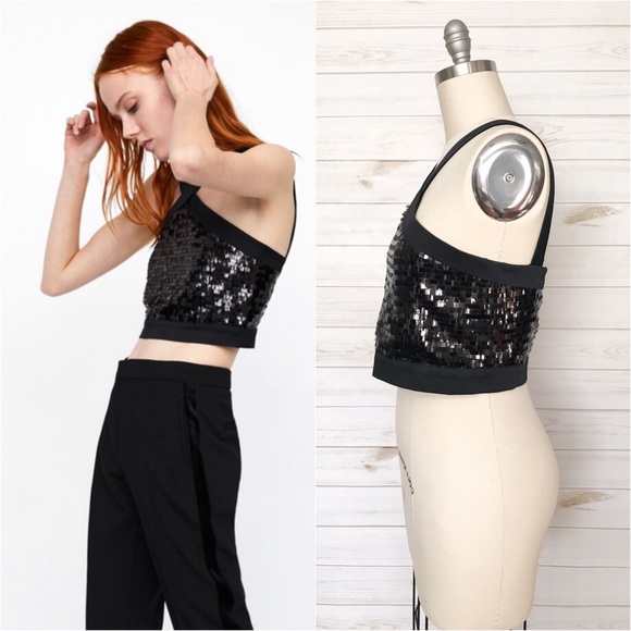 ZARA Contrast Cropped Sleeveless Sequin Halter Top NWT - Picture 4 of 10